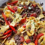 Creamy Beef and Red Pepper Pappardelle Pasta Recipe