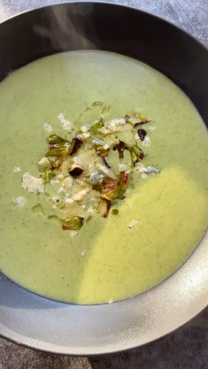 Creamy Broccoli and Blue Cheese Soup with Crispy Broccoli Croutons