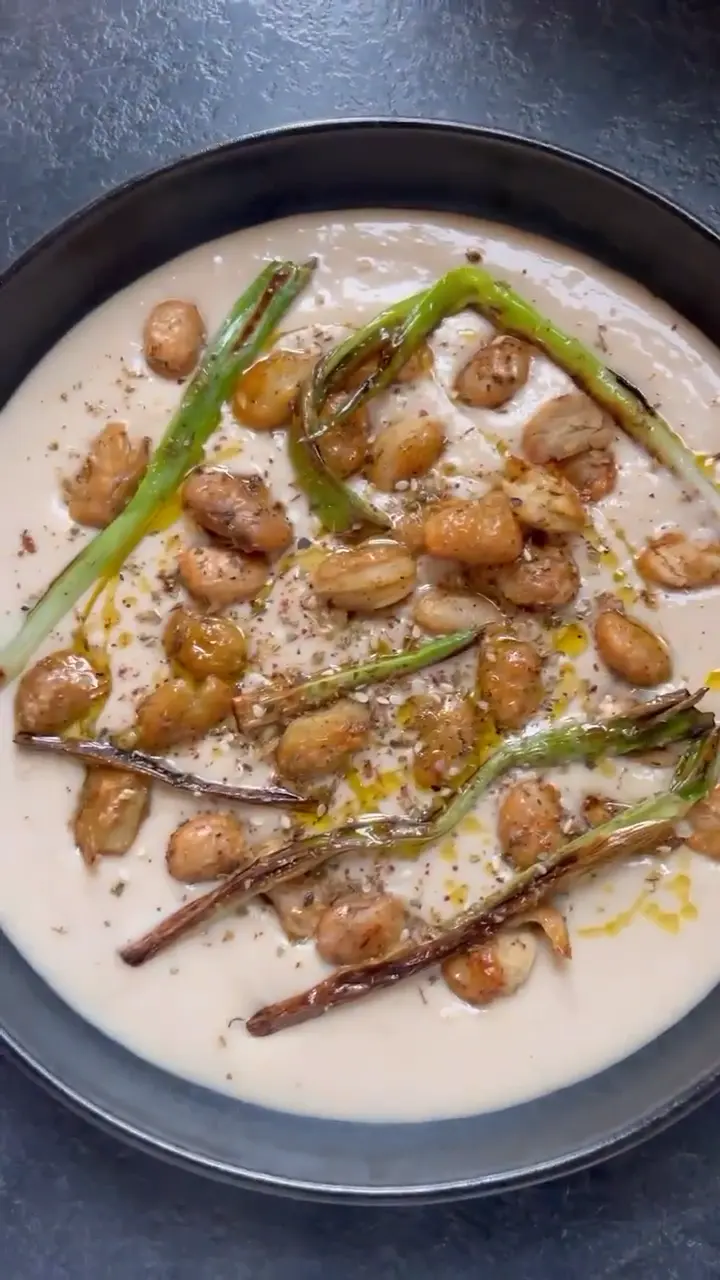 Creamy Butter Bean Dip with Crispy Dukkah Topping and Charred Spring Onions