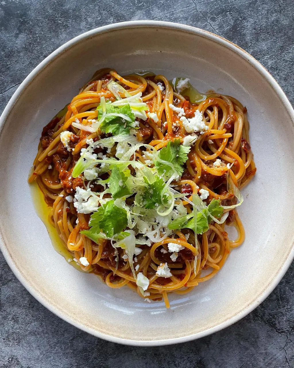 Creamy Harissa Spaghetti with Feta and Crispy Spring Onions