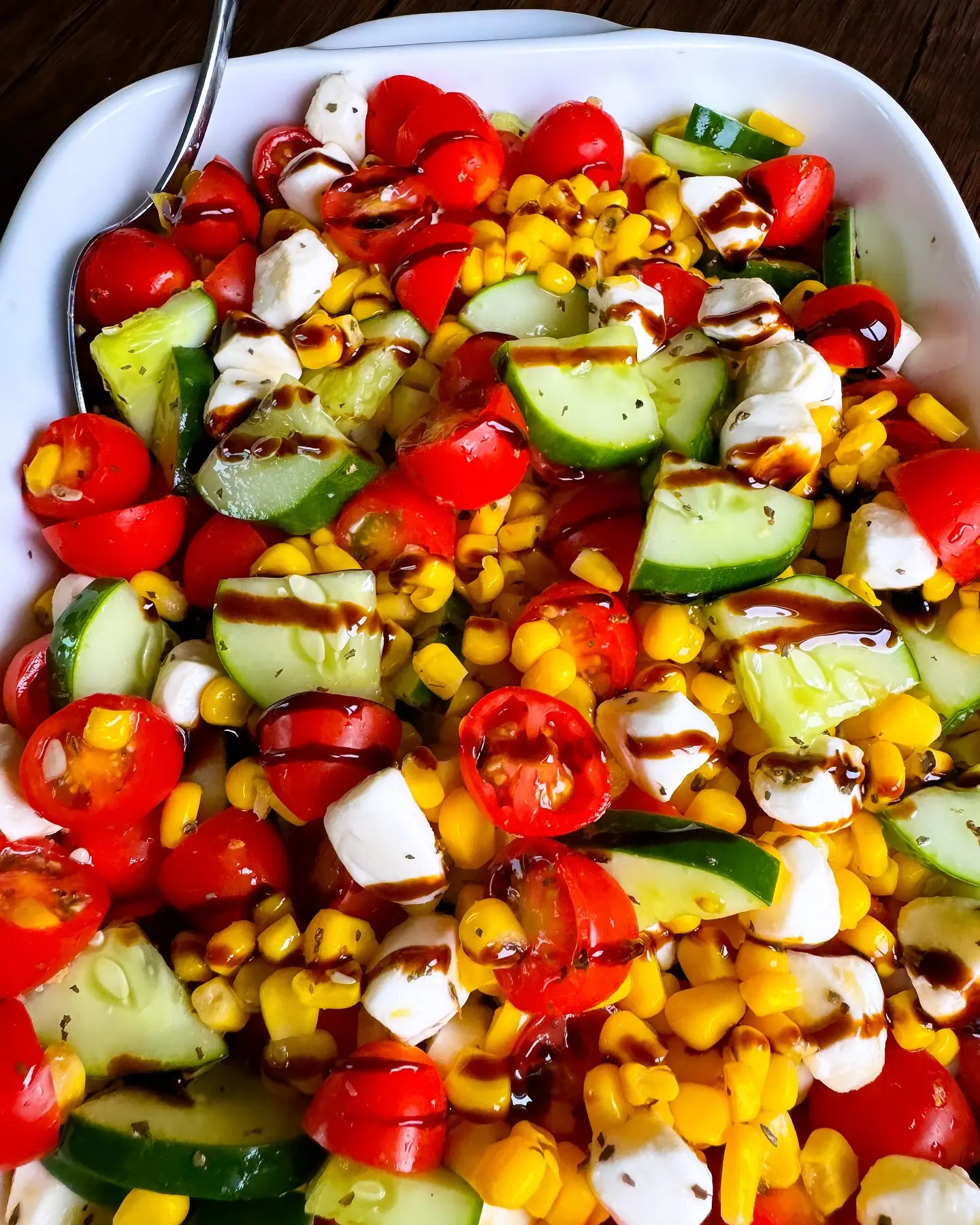 Fresh Cucumber Caprese Salad with Sweet Corn and Balsamic Glaze