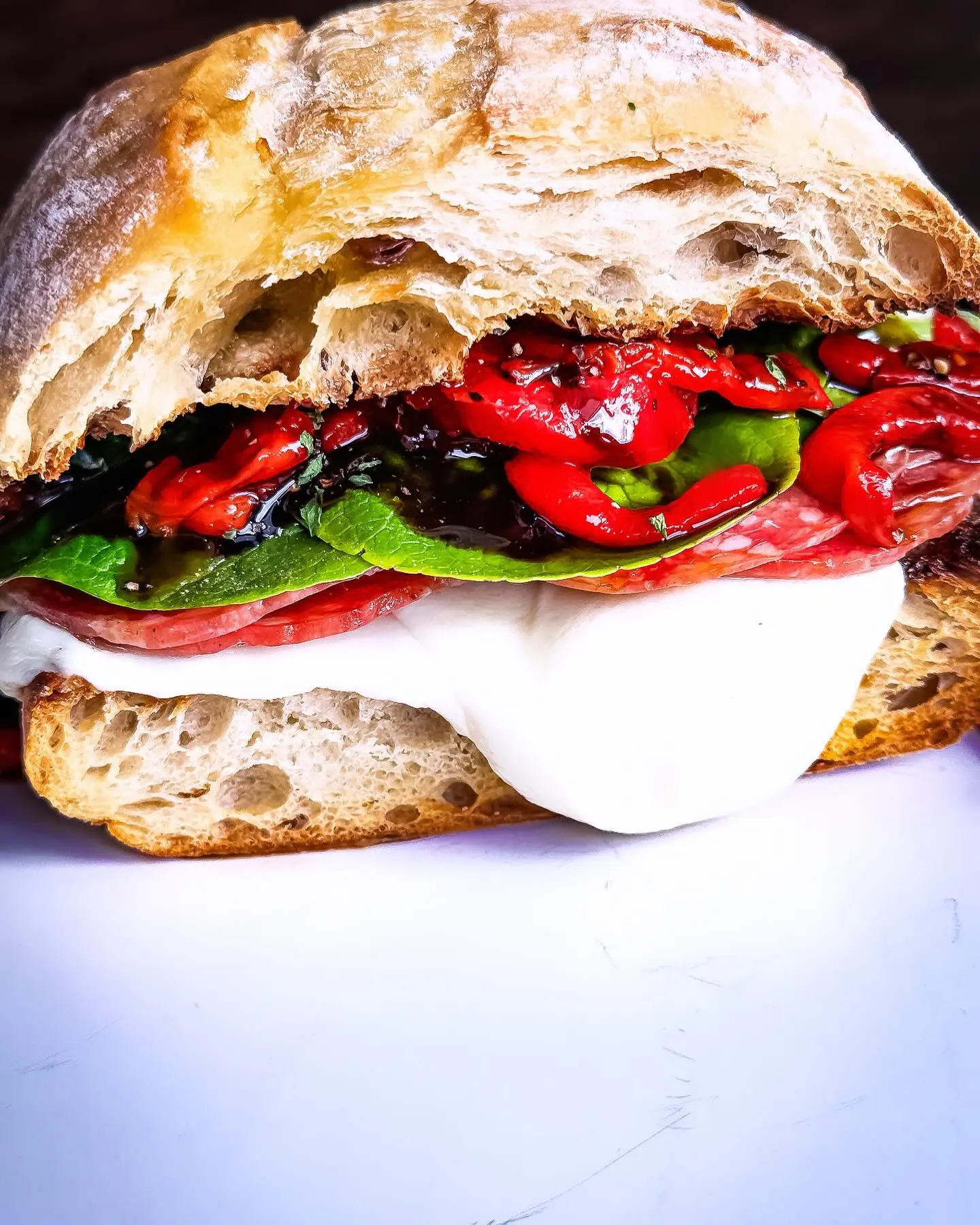 Garlic Mozzarella and Roasted Red Pepper Sandwich with Balsamic Drizzle