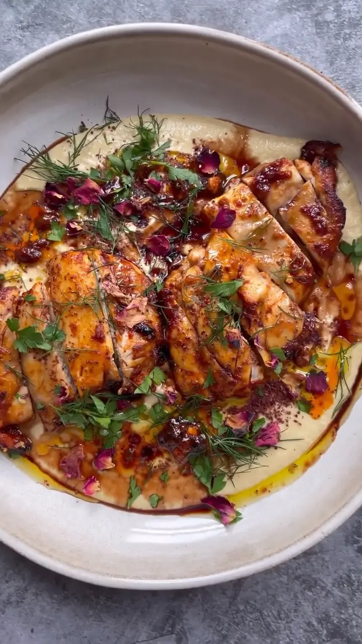 Harissa Grilled Chicken with Creamy Hummus and Pomegranate Glaze