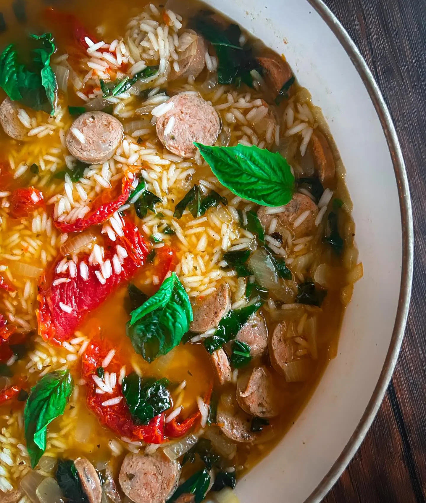 Hearty Tomato Basil Rice Soup with Chicken Sausage