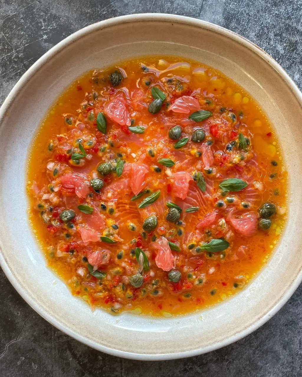 Smoked Trout Crudo with Grapefruit, Passionfruit & Chilli — A Zingy Citrus Seafood Plate for Summer Evenings