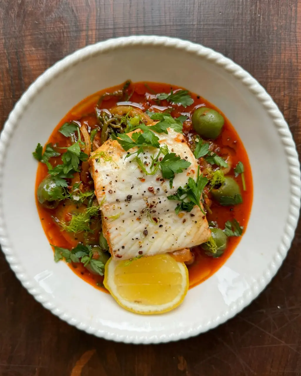 One-Pot Mediterranean Halibut & Potted Shrimp Stew with Samphire, Fennel, and Olives — Quick Briny Weeknight Dinner