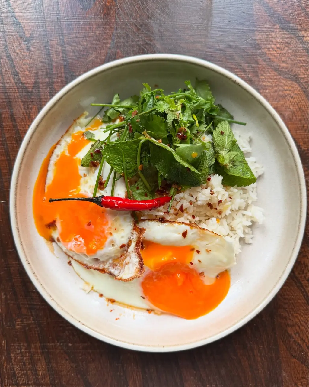 Quick Weeknight Jasmine Rice Bowl with Crispy Fried Eggs, Nuoc Cham & Fresh Herb Salad