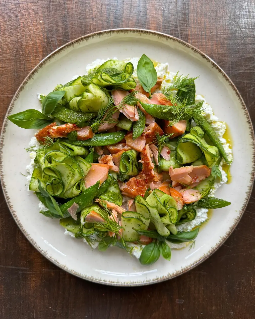 Hot-Smoked Salmon & Zucchini Ribbon Salad with Herby Ricotta — Light, Crunchy Summer Starter