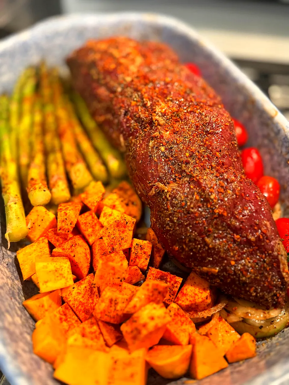 Roasted Beef Tenderloin with Herbed Asparagus & Paprika Sweet Potatoes